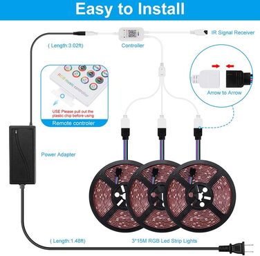 Світлодіодні стрічки Elitlife Bluetooth, 15 м (3x5 м) 49,2 футів водонепроникні IP65 RGB SMD5050 світлодіодні стрічки з розумним контролером Bluetooth 40 клавіш дистанційного керування для дому, саду, декору Світлодіодна стрічка Bluetooth 15 м