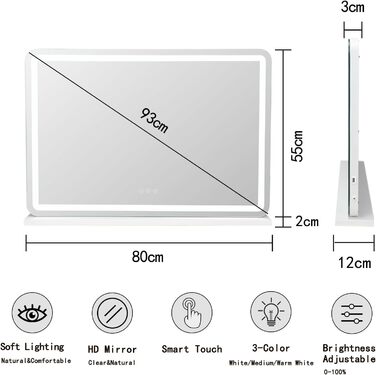 Голлівудське дзеркало для макіяжу LIANWANG з підсвічуванням, голлівудське дзеркало з 3 колірними температурами, велике дзеркало для макіяжу з сенсорним управлінням і USB для макіяжу 80 X 55см 55L x 80B см білий