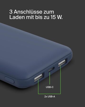 МАг, 1 порт USB-C і 2 порти USB-A для зарядки iPhone, AirPods, iPad, Android або інших пристроїв потужністю до 15 Вт) - синій, 10 000