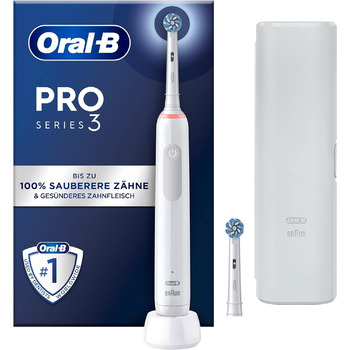 Електрична зубна щітка Oral-B PRO 3 3500, 2 щітки, з 3 режимами чищення та візуальним контролем тиску на 360 для догляду за зубами, дорожній кейс, подарунок чоловікові/жінці, чорний (білий)