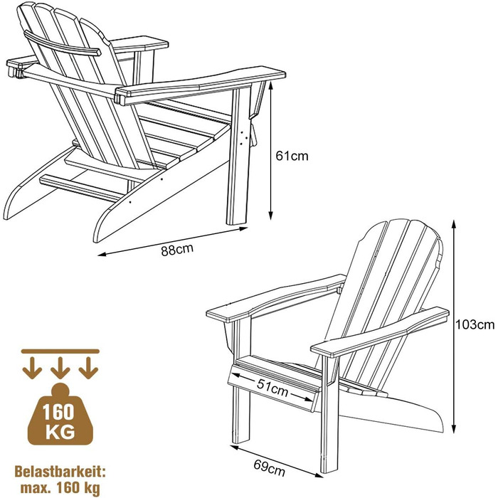 Крісло GOPLUS Adirondack з масиву дерева, садове крісло до 160 кг з навантаженням, садове крісло з підлокітниками та спинкою, пляжне крісло з лакованою поверхнею, для саду на пляжі outdoor (коричневий)