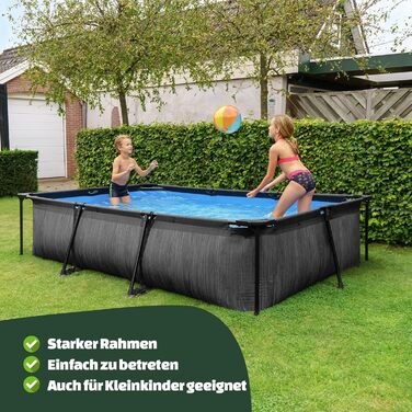 Басейн EXIT Toys Black Wood Pool - 300x200x65 см - Прямокутний, компактний каркасний басейн з картриджним фільтруючим насосом - Легкий доступ - Підходить для маленьких дітей - Міцний каркас - Унікальний дизайн - Чорний