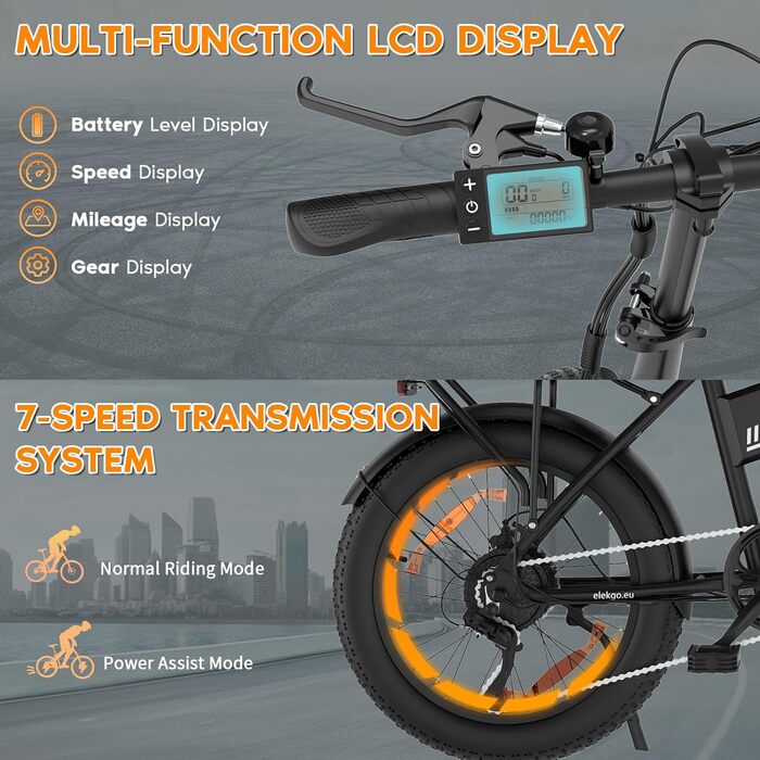 Чоловічі електричні велосипеди ELEKGO EG10 E Bike E Bike, E Bike 20 * 4.0 дюйма, 7-ступінчаста коробка передач E Bike з РК-дисплеєм, двигун E Bike 250 Вт та 25 км / год, пробіг до 90 км чорно-помаранчевий