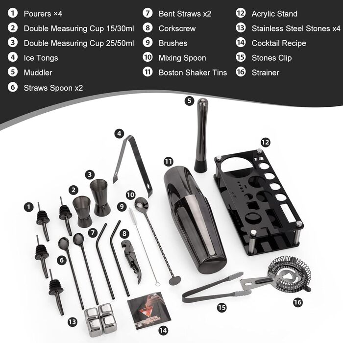 Набір шейкерів для коктейлів 23 предмети з нержавіючої сталі з акриловою підставкою та рецептами чорний колір (4 камені для віскі)