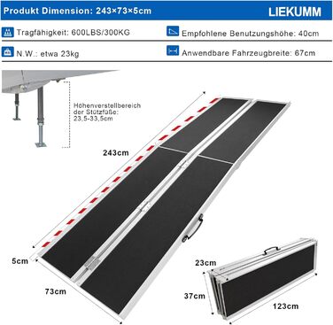 Пандус для інвалідного візка LIEKUMM 243CM, до 300 кг, нековзний алюмінієвий пандус, з опорними ніжками, пандус для сходинок, сходів, відкривання дверей