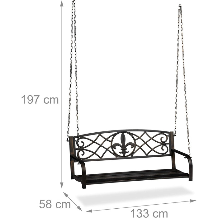 Підвісна лавка, 2-місна, садові гойдалки для підвішування, вінтажний дизайн, металева, HBT 197x133x58 см, чорна-бронза