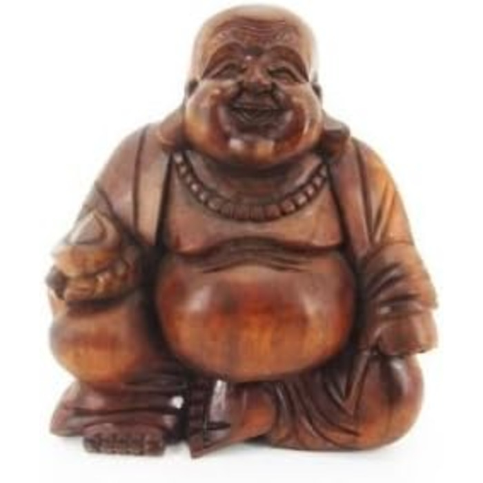 Різьблений коричневий масив дерева Балі HB, 12cm Happy Buddha Sitting Wood