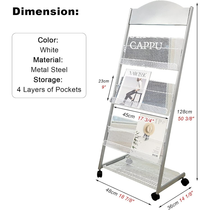 Переносна стійка для журналів на колесах, 4-шарова L-подібна стійка для літератури, підлогова, для приймальні, зали очікування (Колір білий) Білий