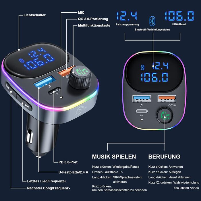 Автомобільний адаптер Bluetooth SOARUN, Bluetooth 5.3 FM-передавач із прикурювачем QC3.0 і PD3.0 Tyep C USB C, внутрішня частина аксесуара для автомобільного радіо гучного зв'язку Музична система Medium