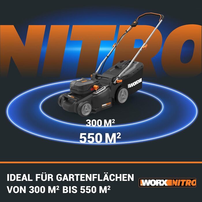 Акумуляторна газонокосарка WORX WG737E Nitro 40В (2х20В) - потужний безщітковий двигун - ширина зрізу 37см - 6 налаштувань висоти зрізу (20-70мм) - травозбірник на 40л - в комплекті батареї 2х4Ач та подвійний зарядний пристрій