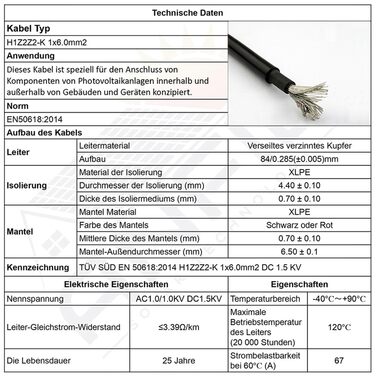 Подовжувач сонячного кабелю ANFIL 6mm2/10AWG Сонячна панель Фотоелектричний подовжувач Сонячний фотоелектричний кабель з розеткою та вилкою для професійної установки сонячної системи (6 м червоний 6 м чорний)