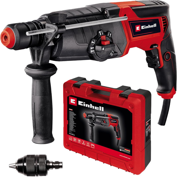 Перфоратор Einhell TE-RH 950 5F (950 Вт, 2-швидкісний редуктор, сила удару 3 Дж, патрон SDS-plus, свердління бетону 28 мм, обмежувач глибини свердління, поставляється в кейсі)