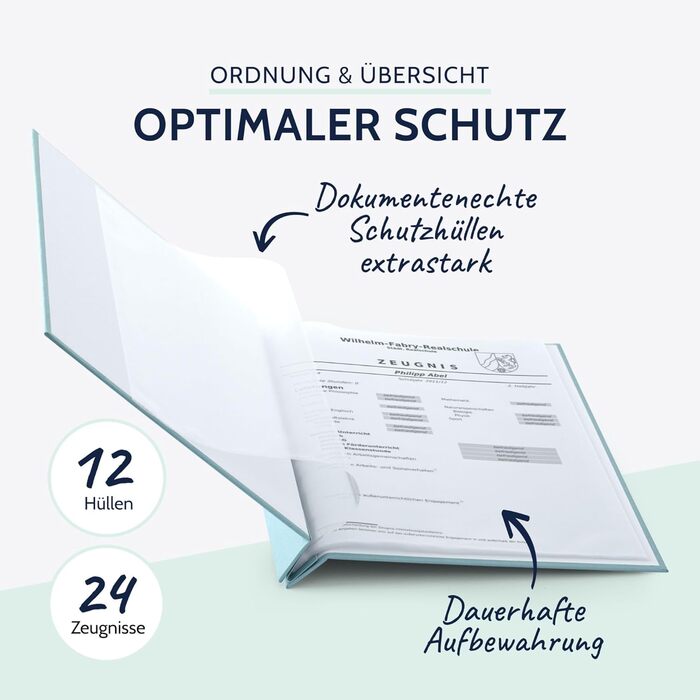 Папка для сертифікатів пастельно-бірюзового кольору, папка для сертифікатів DIN A4, папка для документів з кришкою, що загвинчується, і 12 прозорими кишенями, папка з лляної структури з 12 рукавами, приблизно 24 x 31,5 x 2 см, 36113