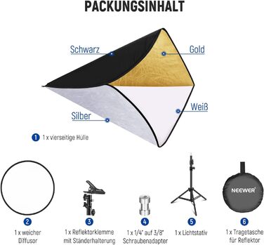 Комплект світловідбивача NEEWER 43'/110 см, розбірний круглий рефлектор 5 в 1 (напівпрозорий/сріблястий/золотий/білий/чорний), металева кліпса та короткий штатив 21'-43'/53-110 см для низькокутної дитячої студійної фотографії