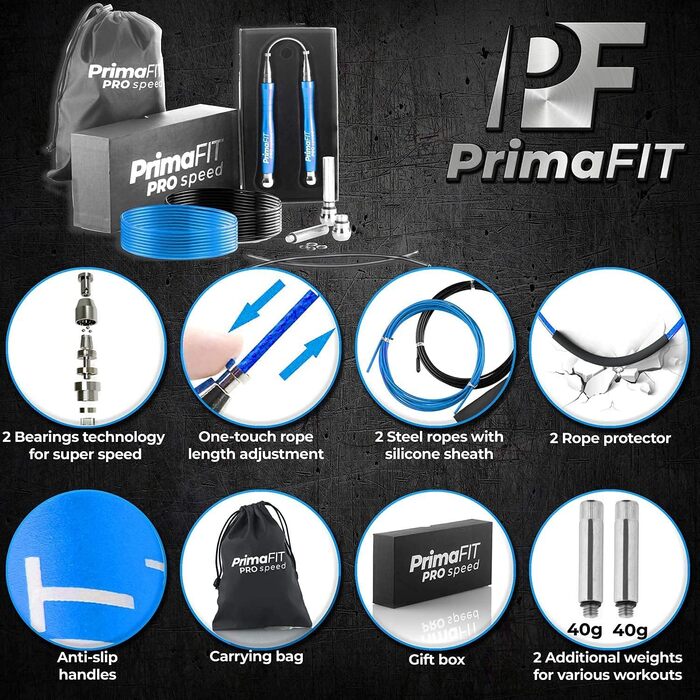 Скакалка PrimaFIT для дорослих Fitness Pro Швидкісна скакалка 3 м скакалка регулюється з обтяженнями, 2 кульковими підшипниками та протиковзкими ручками, професійні скіппінг для боксу, ММА, кроссфіт, додаткова сталева мотузка, сумка (синя)