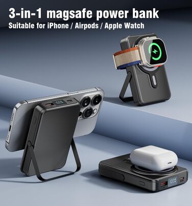 3in1 Powerbank iPhone for Magsafe Mobile Power Bank 10000 mAh PD22.5 W QuickCharge for Magsafe Powerbank with Foldable LED Display for iPhone 8-16 for Apple Watch for Airpod Watch, 3in1 Powerbank iPhone for Magsafe Mobile Power Bank 10000 mAh PD22.5 W Qui