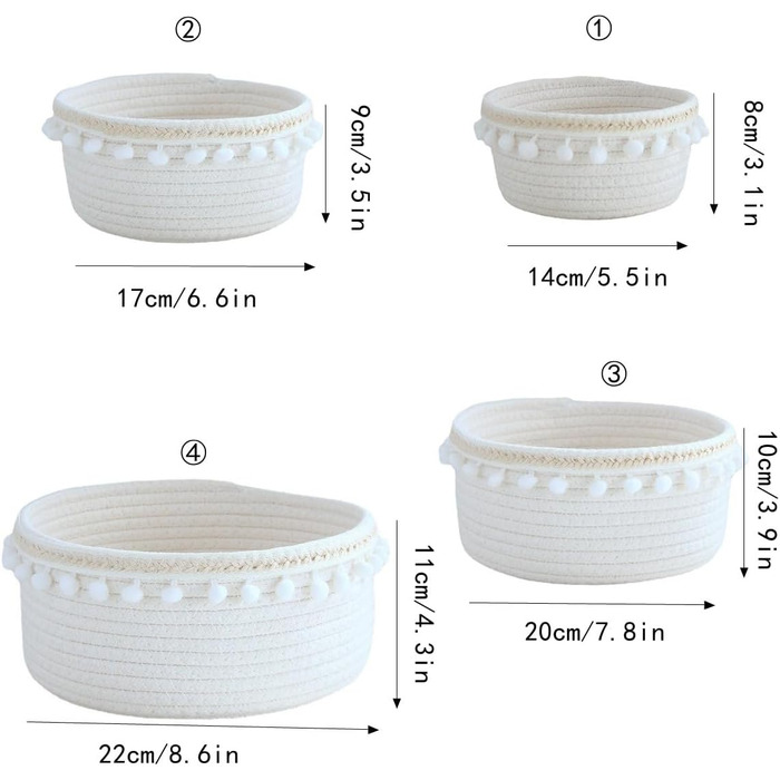 Шматок 17x9 см кошики для зберігання з бавовняної мотузки, кошик круглий великий, кошик для зберігання, плетені кошики, кошик для зберігання з пензликами, для зберігання косметики та закусок, молочно-білий молочно-білий A 1, 1