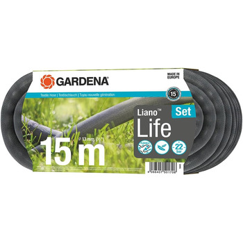 Текстильний шланг Gardena Liano Life 1/2 дюйма, 15 м Комплект Дуже гнучкий садовий шланг з текстильної тканини, з внутрішнім шлангом з ПВХ, без перегинів, легкий, стійкий до погодних умов (18445-20)