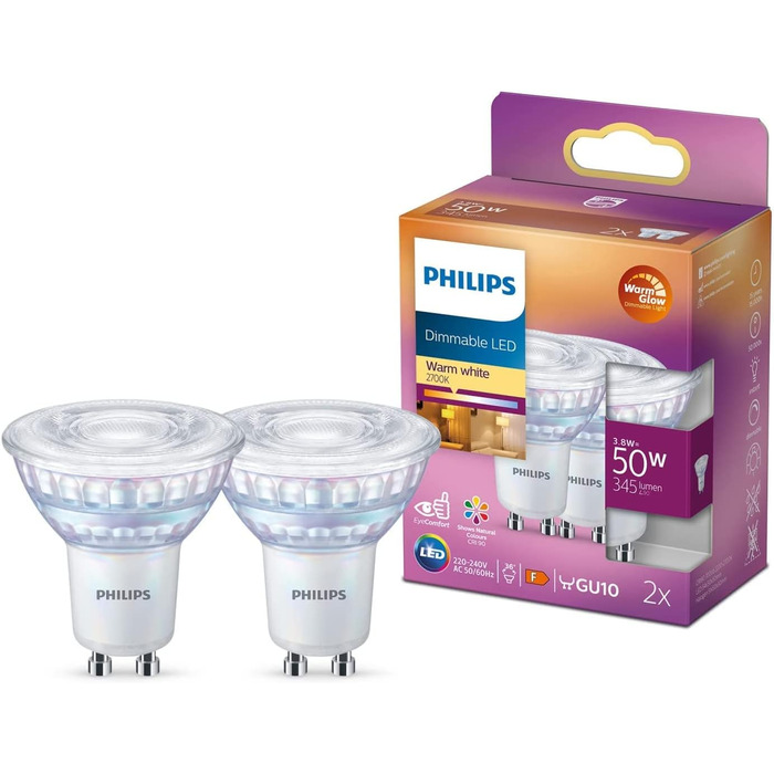 Лампи Philips LED Classic GU10 теплого світіння (50 Вт), світлодіодні плями з рефлектором із регулюванням яскравості та теплим білим світлом, енергозберігаючі лампи з тривалим терміном служби (50 Вт, упаковка з 2 шт. , з можливістю затемнення теплого світ