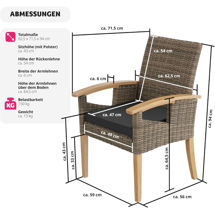 Плетене крісло з ротанга Tectake з підлокітником, меблі стійкі до атмосферних впливів для саду, тераси та балкона, обідній стілець на відкритому повітрі, крісло, балконні меблі, садові меблі, садові стільці - nature