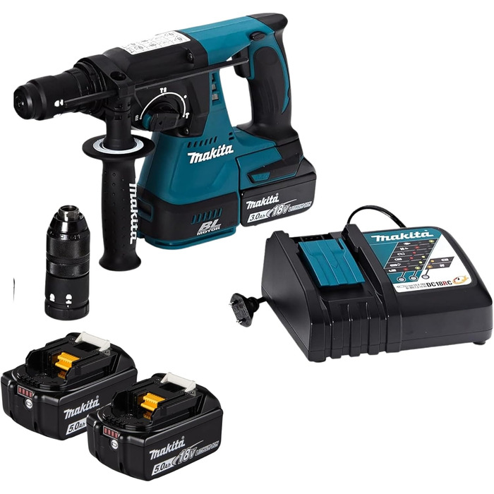 Акумуляторний комбінований перфоратор Makita DHR243RTJB для SDS-PLUS 18В чорного кольору / 5,0 Ач, 2 акумулятора зарядний пристрій в MAKPAC