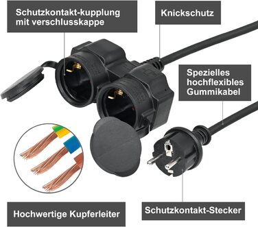 Зовнішній подовжувач 3 м з 2 розетками Schuko, гумовий кабель живлення з подвійним подовжувачем для вулиці IP44, 2 захисні контактні розетки із захисним ковпачком, 2-смуговий розподільник зовнішній, 3500 Вт, чорний 3М розподільник чорний