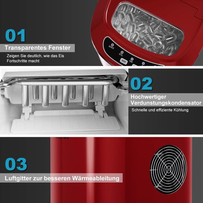 Льодогенератор COSTWAY 12 кг/24 години, льодогенератор 9 кубиків льоду за 6-13 хв, льодогенератор 2,2 л, резервуар для води, льодогенератор 2 розміру кубиків льоду, включаючи ложку, 25x36x33 см (червоний)