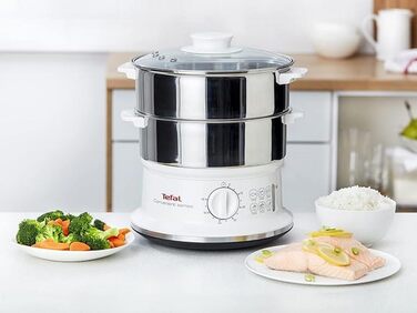 Відпарювач Tefal VC1451 2 контейнери з нержавіючої сталі Ємність 6 л Діаметр 24 см Таймер і автоматичне відключення 900 Вт Біла ЗРУЧНА СЕРІЯ