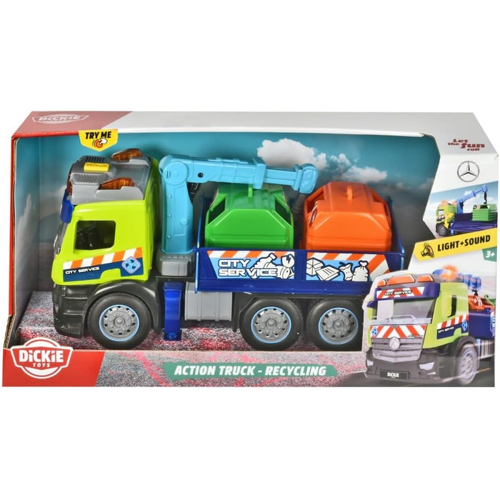 Вантажівка для переробки сміття Dickie Toys Action Truck з контейнером для сміття, з краном, звуковою та світловою сигналізацією, функцією завантаження та розвантаження, для збору сміття для дітей віком від 3 років 203745015 Зелений/синій