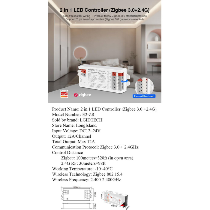 Світлодіодна стрічка LGIDTECH E2-ZR Miboxer Zigbee 2.4G 2-в-1 з проводкою без інструментів, використовується для одноколірних і двоколірних білих світлодіодних стрічок, постійного струму 12-24 В, управління зі смартфона через