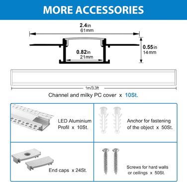 Світлодіодний профіль для гіпсокартону Efishine 6-PACK 1M, світлодіодний профіль алюмінієвий AluProfile для світлодіодних стрічок для стін і стель, світлодіодний канал із затискним дифузором і для ширших стрічок, таких як Philips Hue. (10 упаковок)