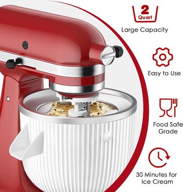 Насадка для морожениці для блендера KitchenAid, підходить для міксерів KitchenAid 4.5/5QT & 6QT, морозива та морозива сорбет для морозива для KitchenAid, 2 кварти, біла