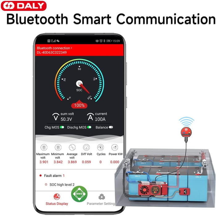 Паралельний модуль DALY BMS 1 A з вентилятором Smart BMS LiFePo4 8S 24 В 250 А та портом CAN, Smart BMS Bluetooth ключ для літієвих акумуляторів 3,2 В, інвертор, ДБЖ та домашня система зберігання (Lifepo4 24S 72V CAN BT, 400A вентиляторпаралельний Module1