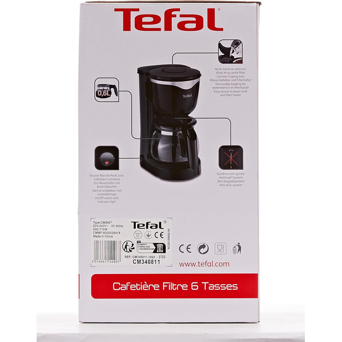 Скляна кавоварка Tefal CM3408 Mini (600 Вт, 6 чашок) чорна/нержавіюча сталь