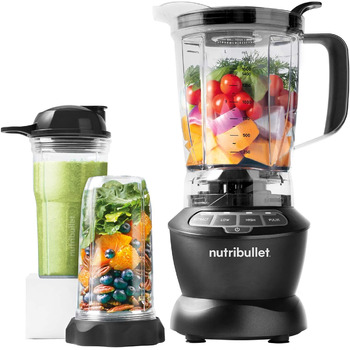 Повнорозмірний блендер nutribullet Combo, електричний блендер, багатофункціональний подрібнювач, професійний, потужність 1200 Вт, глечик 1,9 л, банки 946 мл і 710 мл, чорний, NBF500MB комбінований пакет