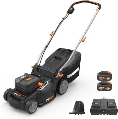 Акумуляторна газонокосарка WORX WG737E Nitro 40В (2х20В) - потужний безщітковий двигун - ширина зрізу 37см - 6 налаштувань висоти зрізу (20-70мм) - травозбірник на 40л - в комплекті батареї 2х4Ач та подвійний зарядний пристрій