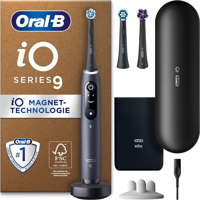 Електрична зубна щітка/електрична зубна щітка Oral-B iO Series 9 Plus Edition, ПЛЮС 3 щітки з відбілюванням, магнітний чохол, 7 режимів чищення, упаковка, що підлягає переробці, подарунок чоловік/жінка, чорний дорожній футляр чорний