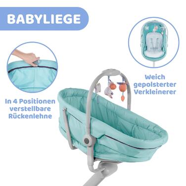 Люлька Chicco Baby Hug 4 в 1 від 0 місяців, Піднятий шезлонг, Дитяче ліжко, Стільчик для годування з ігровою дугою, до 15 кг, Регульована спинка, Регульована висота і 4 колеса (Aquarelle)