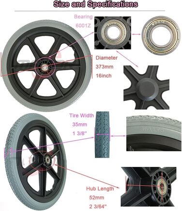 Аксесуари для задніх колісних коліс, 16-дюймове запасне колесо для інвалідного візка, повне колесо для інвалідного візка, для скутера інвалідного візка (16 дюймів/37 см)