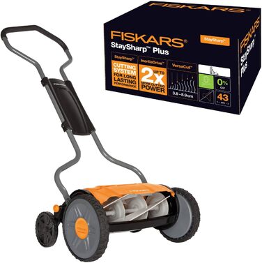 Циліндрична газонокосарка Fiskars, газонокосарка з безконтактною системою різання, ширина зрізу 43 см, StaySharp Plus, чорна/помаранчева/срібляста, 1015649 Одинарна