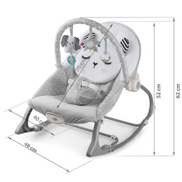 Дитяча гойдалка Nukido Baby Bouncer з музикою - Металевий каркас і міцний пластик - Замок гойдалки - Вібраційна система - Додаткова іграшка Montesorri - 48 x 62 см - Сірий