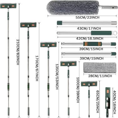 Склоочисник Dubest з телескопічною ручкою, професійний набір для миття вікон з 3 накладками з мікрофібри та пір'яним Duster, інструменти для очищення скла з обертовою головкою для очищення скла для високих вікон на вулиці та вдома
