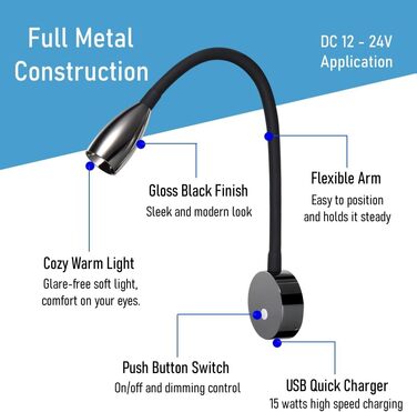 Лампа для читання ACEGOO 12 В RV Світлодіодна лампа для ліжка з можливістю затемнення та USB-швидким зарядним пристроєм, гнучка приліжкова тумбочка на гусячій шиї постійного струму 24 В 3200K, для човна, каравану, кемпера, фургона, яхти (глянцевий чорний)