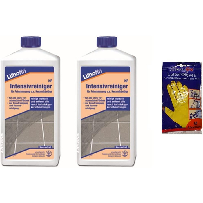 Набір Sanitrshop Baustoffe & Sanitr 2 x Lithofin KF Intensive Cleaner 1 л безкоштовні латексні рукавички - базове очищення або для регулярного очищення поверхонь, що інтенсивно використовуються