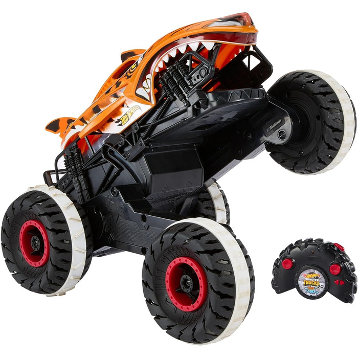 Машинка на дистанційному управлінні Hot Wheels Monster Trucks Tiger Shark, з технологією Terrain Stomp для руху, схожого на тваринний, режим коліщатка для включення 2-х коліс, іграшка від 4 років, HGV87 Orange-1.15 Tiger Shark