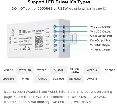 Світлодіодний контролер Wi-Fi Керування групою додатків iOS/Android для SK9822 SK6812 SK6812-RGBW WS2801 WS2813 WS2815 Цифровий адресний модуль світлодіодної стрічки RGB DC5V-24V M1SP108E, 2812B WS2811 SP108E