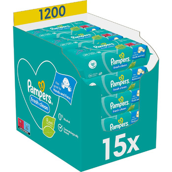 Дитячі вологі серветки Pampers Fresh Clean, м'який аромат, також підходять для рук та обличчя, 1200 серветок, (упаковка з 15 шт. )