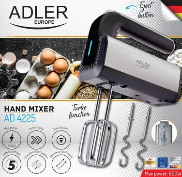 Ручний міксер ADLER AD 4225 INOX, 800 Вт, кухонний комбайн, міксер з 3 функціями, ручний міксер, ручний міксер, чорний/сріблястий, кухонний міксер