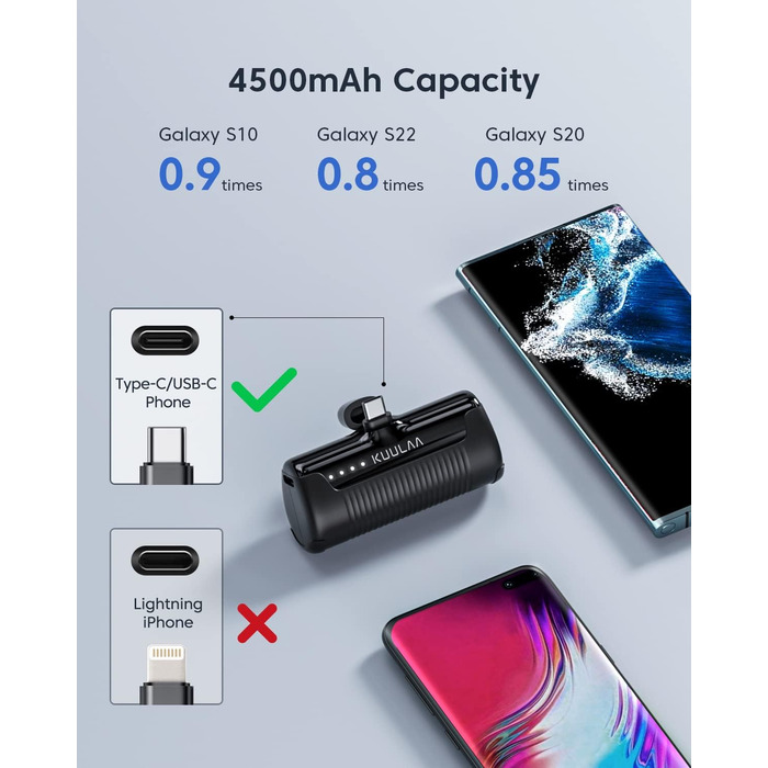 Міні-зовнішній акумулятор, швидка зарядка USB C Power Bank без кабелю, маленький, але потужний портативний зарядний пристрій для мобільного телефону, сумісний із мобільними телефонами Samsung, Huawei, USB C (чорний), 4500mAh