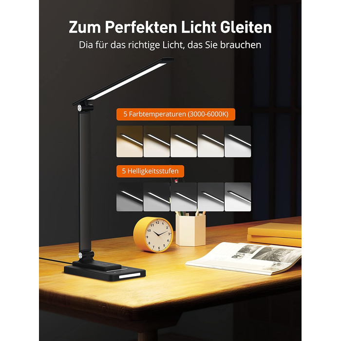 Настільна лампа світлодіодна металева з бездротовим зарядним пристроєм, 5 колірних режимів, 5 рівнів яскравості Настільна лампа, USB-порт для зарядки Приліжкова лампа з можливістю затемнення Дитяча, Спальня, Офіс, Навчання, Читання (Y.black)